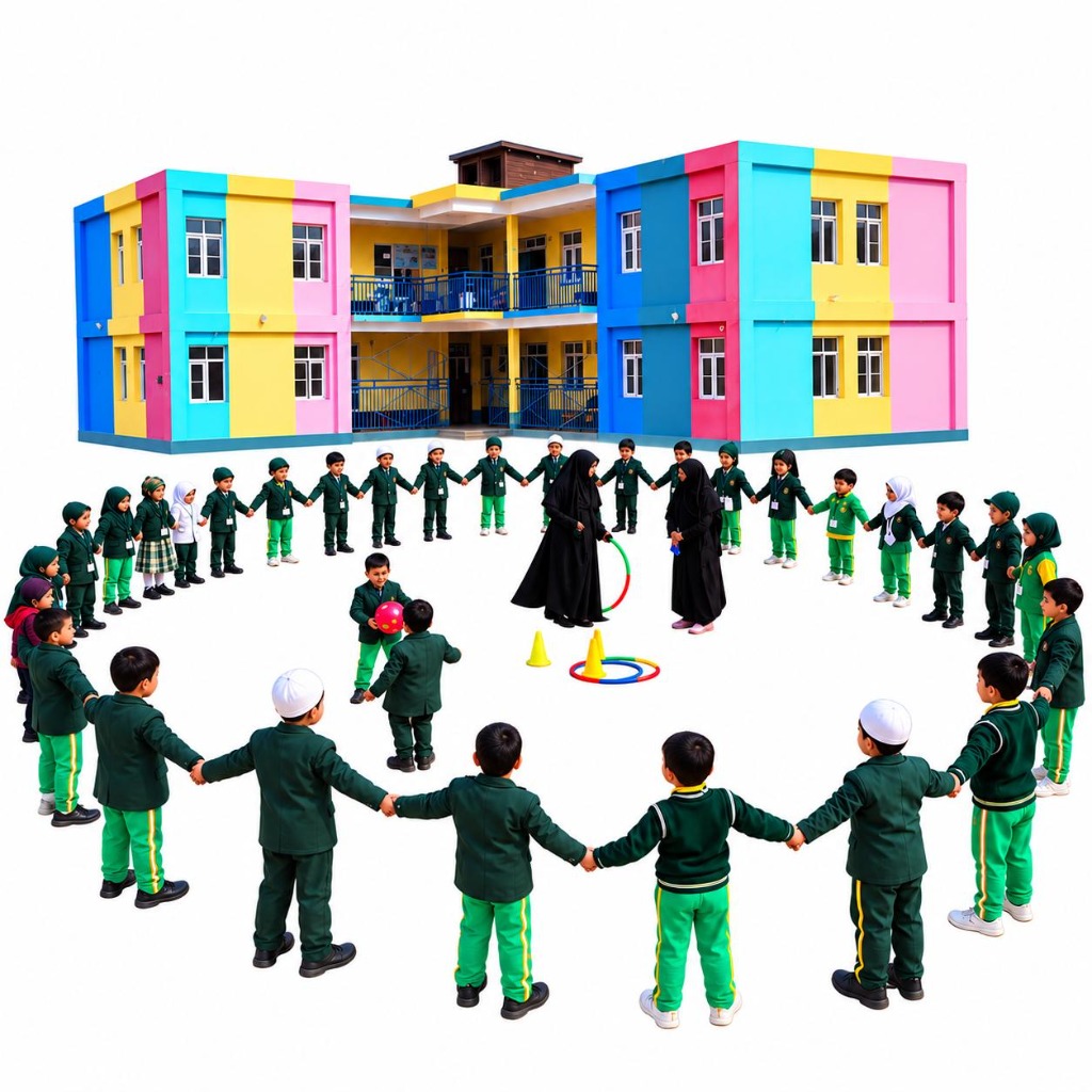 Dawah Public School Building and Scholars in Circle Formation